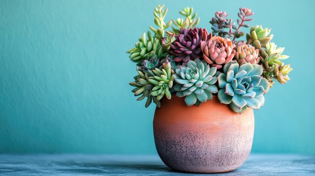 A vibrant display of succulents in a terracotta pot, their verdant forms arranged in a pleasing pattern, stood against a soft, pastel blue backdrop that evoked a sense of tranquility and serenity.
