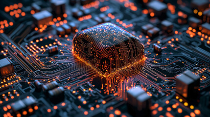 large language model optimization in artificial intelligence. Futuristic circuit board with glowing elements and a central chip.