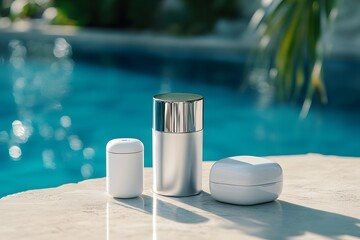 Naklejka premium A small white skincare tube and bottle next to the pool, high-definition photography. mock-up photography