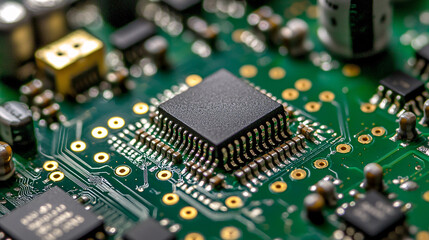Obraz premium large language model optimization in artificial intelligence. Close-up of a microchip on a circuit board.