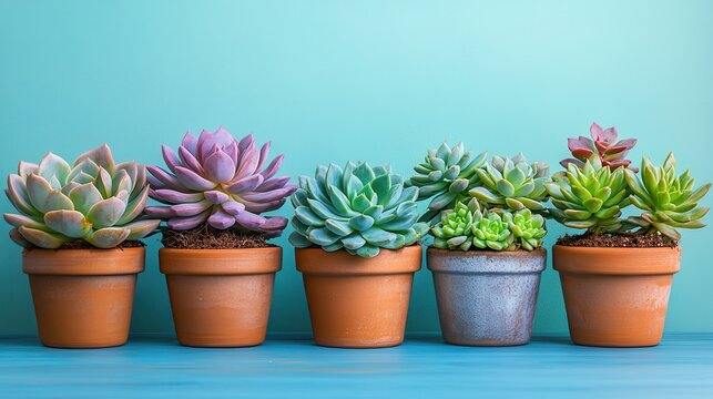 A vibrant display of succulents in a terracotta pot, their verdant forms arranged in a pleasing pattern, stood against a soft, pastel blue backdrop that evoked a sense of tranquility and serenity.