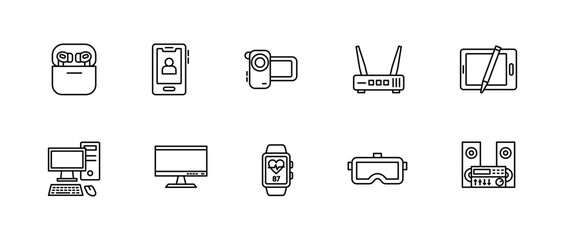 Gadget and technology icon set. Modern electronic devices, smart accessories, and digital equipment sign. Computing, communication, and entertainment symbol. Innovation, connectivity illustration.