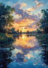 Naklejka premium Serene River Landscape with Lush Green Trees and Soft Pastel Clouds in Natural Lighting