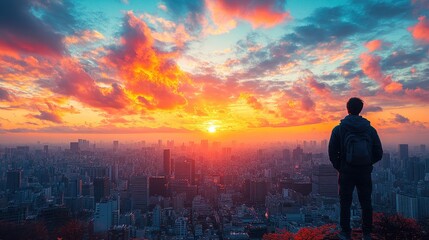 Obraz premium A lone figure gazes at a vibrant sunset over a sprawling cityscape, reflecting a moment of contemplation and awe