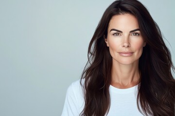 Fototapeta premium Poised Portrait: A captivating portrait of a woman with flowing dark hair, radiating confidence and natural beauty, her eyes speak volumes.