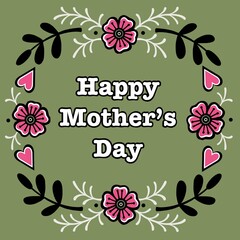 Mother's Day wreath design. Floral Mother's Day illustration. Floral wreath design for Mothering Sunday. Circular botanical design. Floral and foliage frame design. Flowers and foliage card design