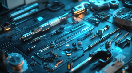 Fototapeta premium Tools, workshop, arranged, metallic, blue, glowing, background, industrial, repair, technology