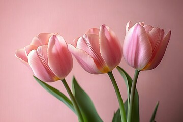 Fototapeta premium Three elegant pink tulips against a light pink backdrop, perfect for spring designs, Valentine’s Day, Easter, Mother’s Day, and minimalist floral-themed events.