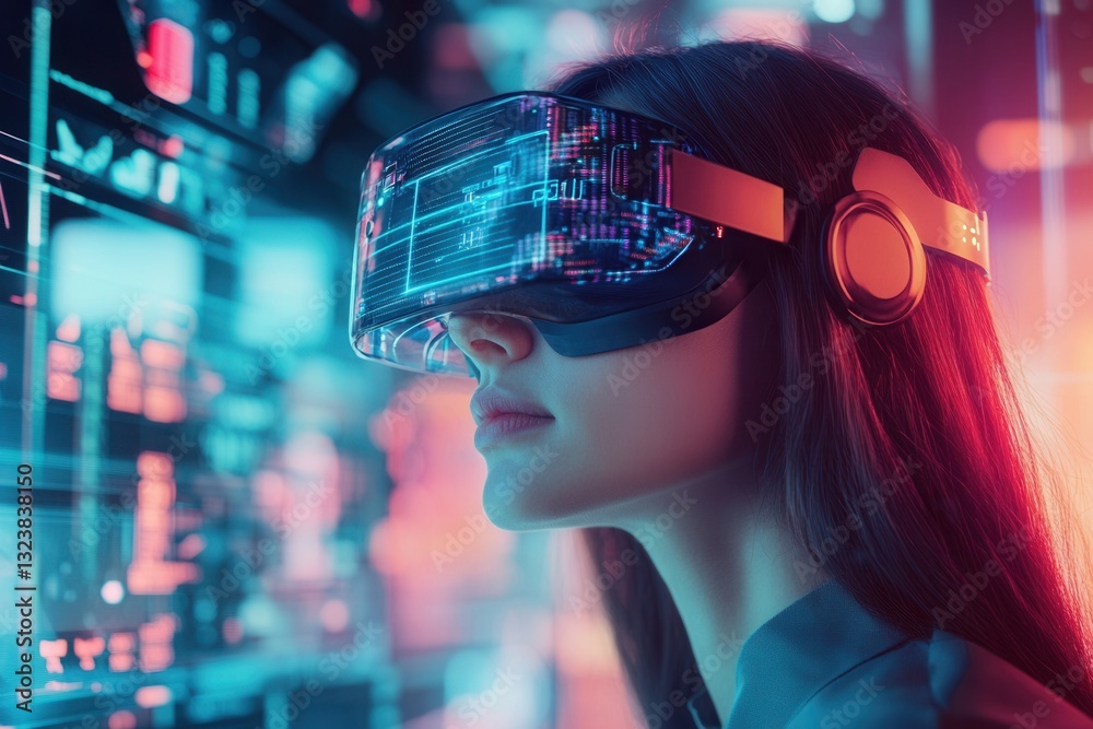 Poster exploring augmented reality with futuristic holographic interfaces and digital textures in a mixed r