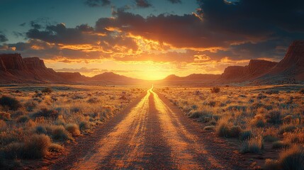 Fototapeta premium A breathtaking sunset illuminating a winding dirt road through vast desert landscapes under a colorful sky.