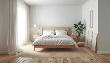 A clean and inviting bedroom features a large bed adorned with soft blankets and pillows