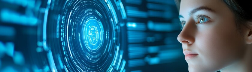 Obraz premium Woman interacting with futuristic interface exploring data and visualizations in technological world