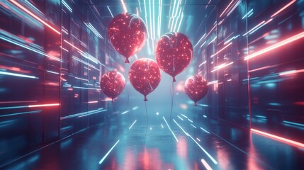 Fototapeta premium Red balloons float in neon-lit corridor; futuristic event backdrop