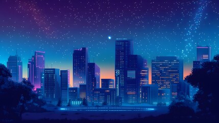 Fototapeta premium A sleek AI hub at the edge of a sprawling urban city, processing data directly from IoT devices under a starry night sky