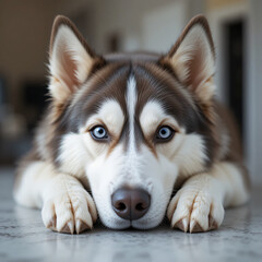 Obraz premium Close-up of Relaxing Husky Dog with Striking Blue Eyes Indoors