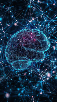 The Mind's Network: Intricate digital depiction of a brain, interwoven with a complex web of neural connections and glowing nodes, symbolizing the power of thought and intellect.