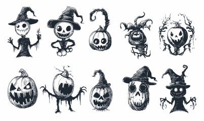 Halloween monster characters with hats in spooky costumes, vector icons set, linear style.
