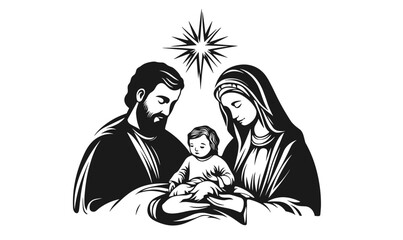 Holy family with star icon set, nativity scene - flat vector. © Coosh448