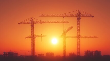 Sunset Construction Site Silhouette: Towering Cranes Against a Vibrant Orange Sky