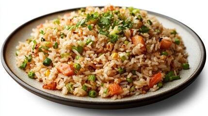 a plate of delicious fried rice with vegetables and herbs, appetizing