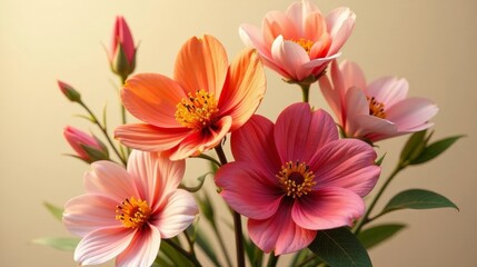 Fototapeta premium A delicate bouquet of coral and peach blossoms, showcasing the intricate details of their velvety petals and vibrant centers, bathed in soft, warm light.