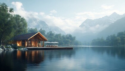 Fototapeta premium Lakeside cabin nestled in misty mountains at sunrise.