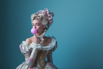 A girl blows bubble gum, dressed in exquisite baroque costumes, showcasing elegance and historic charm, with a blue background.
