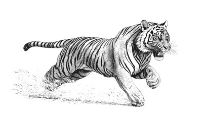 Obraz premium Running tiger in motion with splash effect, black and white, linear style, vector icons set.