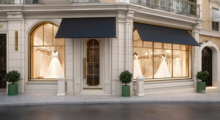 Fototapeta premium Sophisticated bridal boutique with luxurious wedding dresses displayed in upscale shopping district
