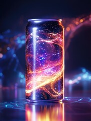 Celestial energy drink showcasing vibrant cosmic nebula in a shiny can