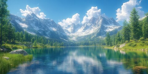 Fototapeta premium Majestic Mountain Landscape with Snow-Capped Peaks and Crystal-Clear Lake Reflections