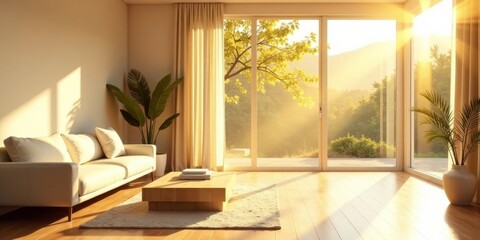 Serene Living Room with Sunlight Streaming Through Large Windows and Lush Greenery
