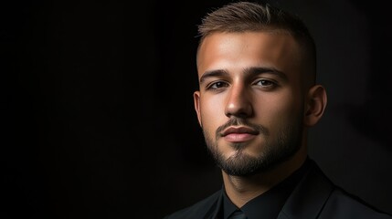 Fototapeta premium Determined Young Business Leader in Stylish Suit Confident Corporate Portrait Dark Background 