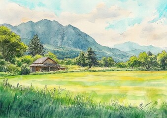 Fototapeta premium Green Countryside Landscape with Mountains and Wooden House