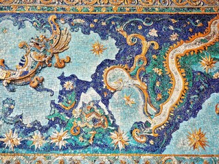 Mosaic wall art featuring a dragon and ornate patterns in blue gold and green against a light backdrop