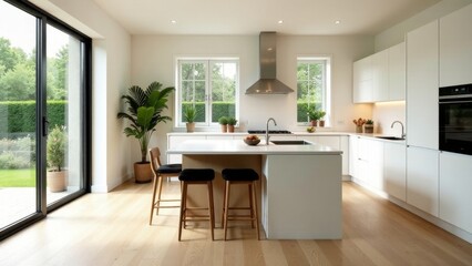 Modern minimalist kitchen design with island, hardwood floors, and expansive patio doors