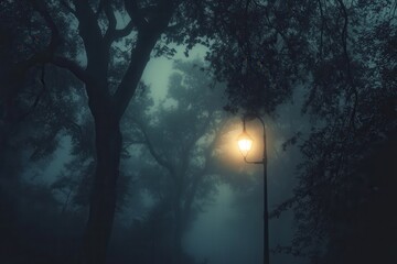 Dark misty forest with eerie fog and a glowing street lamp creating a suspenseful atmosphere