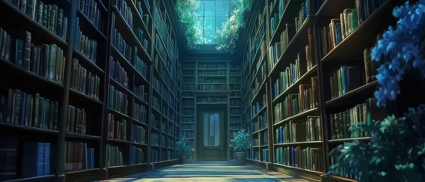 Quiet library aisles a serene escape among tall bookshelves and literary discoveries - Powered by Adobe