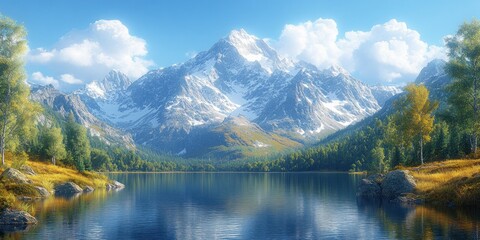 Fototapeta premium Majestic Mountain Landscapes with Serene Lakes and Snow-Capped Peaks