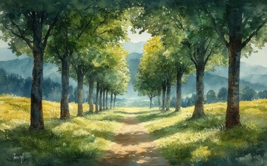 Naklejka premium Serene Countryside Path with Vibrant Green Trees and Misty Hills in Tranquil Summer Landscape