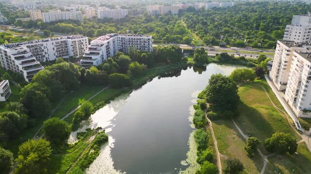 Aerial view of residential buildings over Goclawskie Lake in Goclaw area, subdistrict of Praga-Poludnie, Warsaw city, Poland