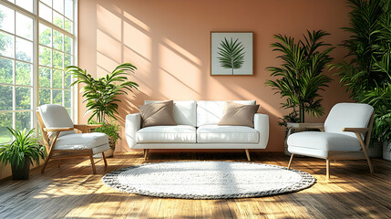 Bright, sunlit living room with white furniture and plants