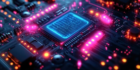 Obraz premium High Speed Data Transfer Circuit Board with Neon Glow and Cyberpunk Design