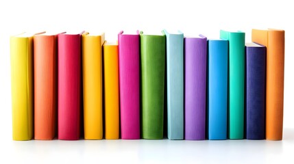 White background with a stack of colorful books, neatly arranged, symbolizes knowledge and organization.