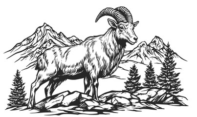 Majestic mountain goat with scenic peaks and trees - flat icons set - vector.