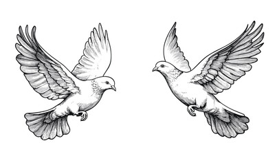 Obraz premium Two doves in flight - flat linear icons set vector.