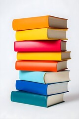 Fototapeta premium White background with a stack of colorful books, neatly arranged, symbolizes knowledge and organization.