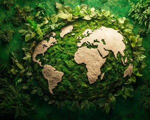Earth Globe Covered in Moss and Leaves Emphasizing Natural World