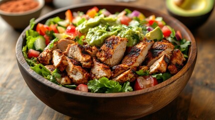a vibrant bowl of grilled chicken salad with fresh ingredients, a healthy meal option