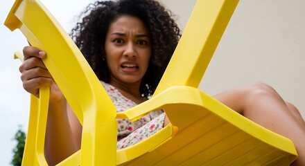 Woman Experiencing Chair Malfunction with Worried Expression and Broken Plastic